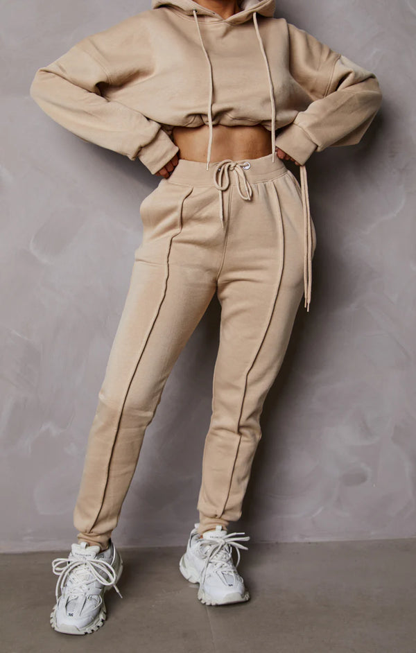 Femme Luxe Beige Boxy Cropped Hoodie Cuffed Joggers Loungewear Set - Sammy