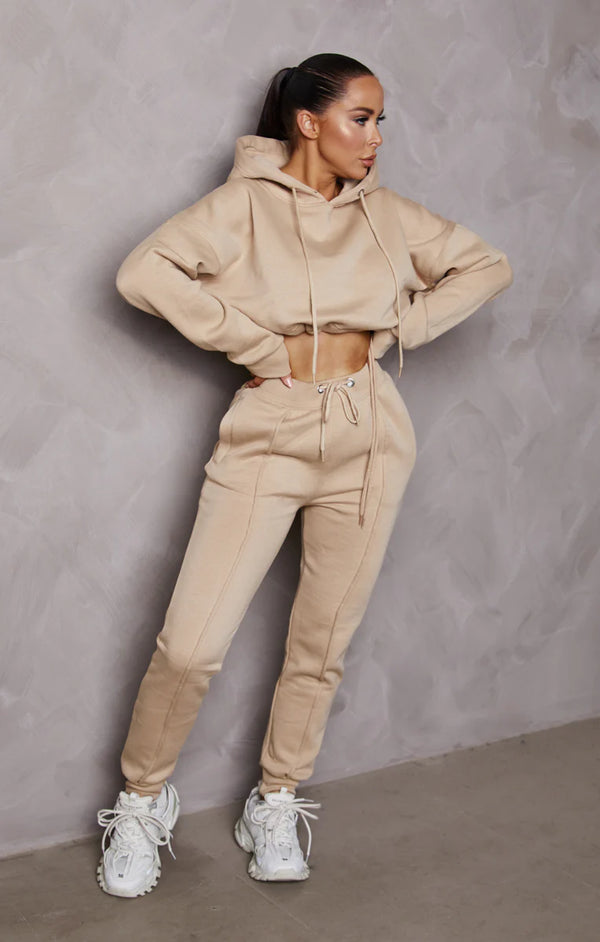 femme luxe Beige Boxy Cropped Hoodie Cuffed Joggers Loungewear Set - Sammy