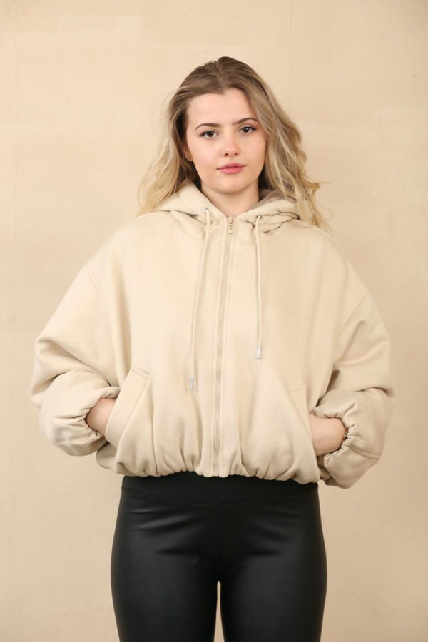 femme luxe Beige Bubble Hem Zip Up Fleece Jacket - Janet