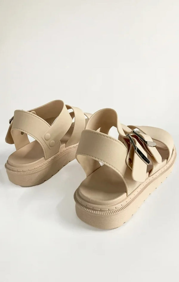 Femme Luxe Beige Buckle Strap Gladiator Sandals - Estrella