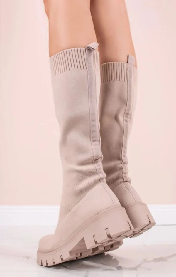 femme luxe Beige Chunky Platform Knee High Boots - Miriana