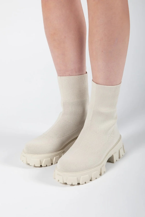 Femme Luxe Beige Cleated Pull On Knit Chunky Sole Sock Ankle Boots - Melissa