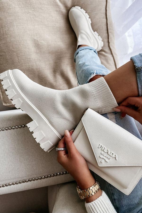 Femme Luxe Beige Cleated Pull On Knit Chunky Sole Sock Ankle Boots - Melissa