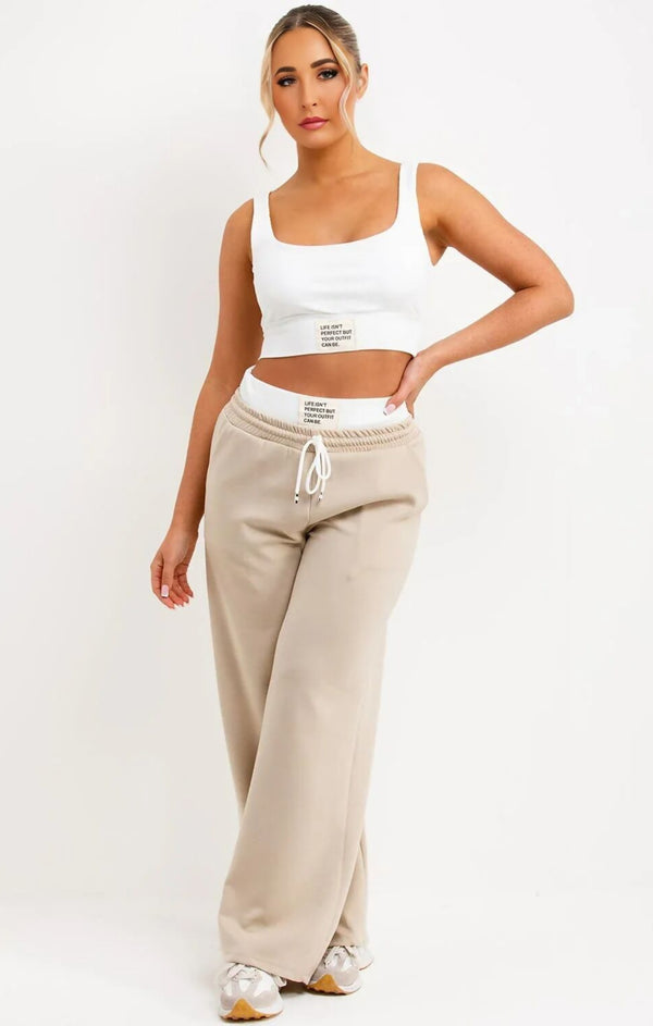 femme luxe Beige Cropped Sleeveless Ribbed Top with Contrast Wide Leg Trousers Co ord Set - Skyla