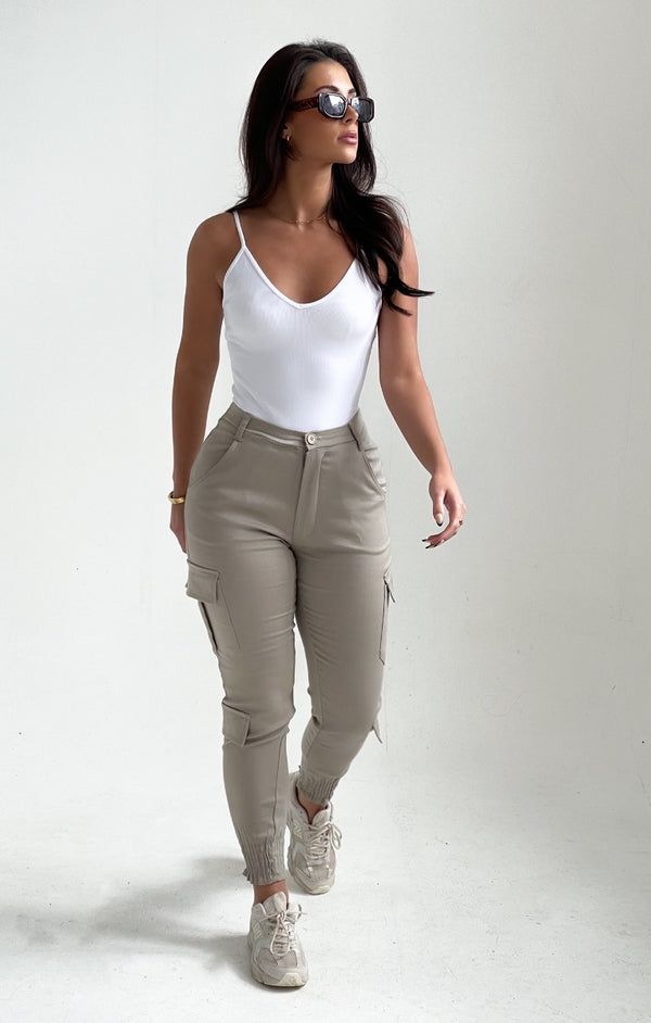 Femme Luxe Beige Cuffed Hem Four Pocket Cargo Trousers - Yabell