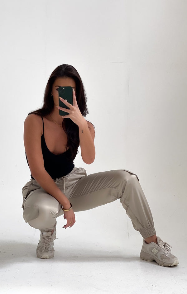 Femme Luxe Beige Elasticated Drawstring Cargo Trousers - Etta