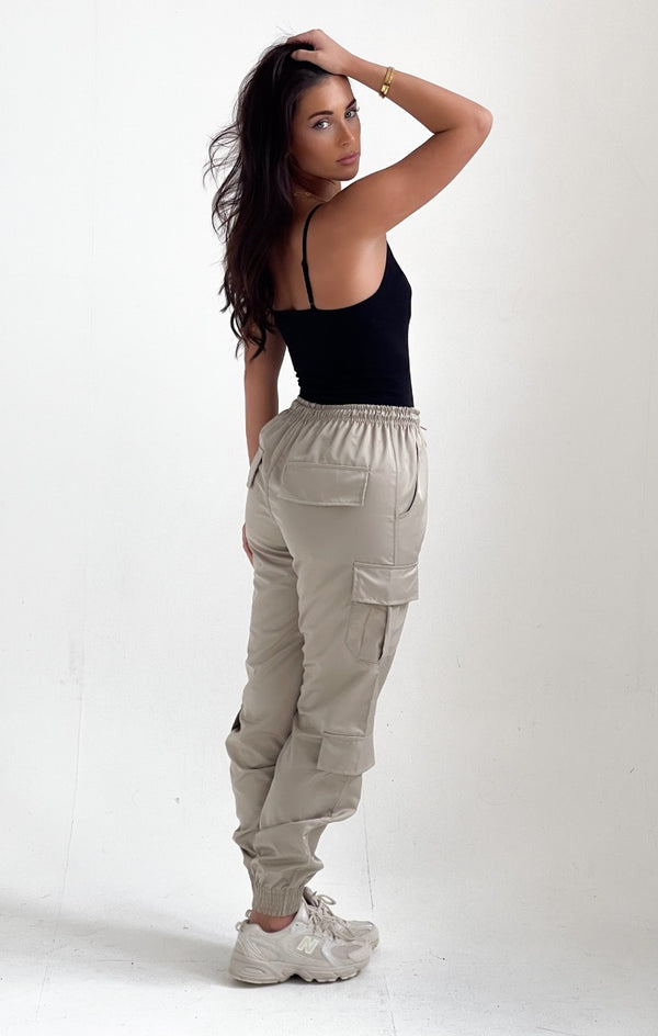 Femme Luxe Beige Elasticated Drawstring Cargo Trousers - Etta