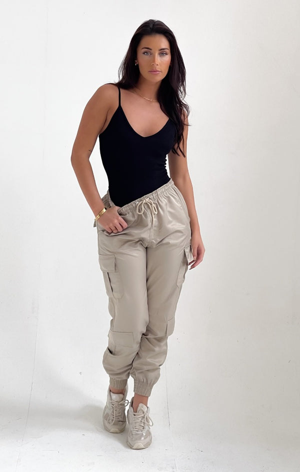 femme luxe Beige Elasticated Drawstring Cargo Trousers - Etta