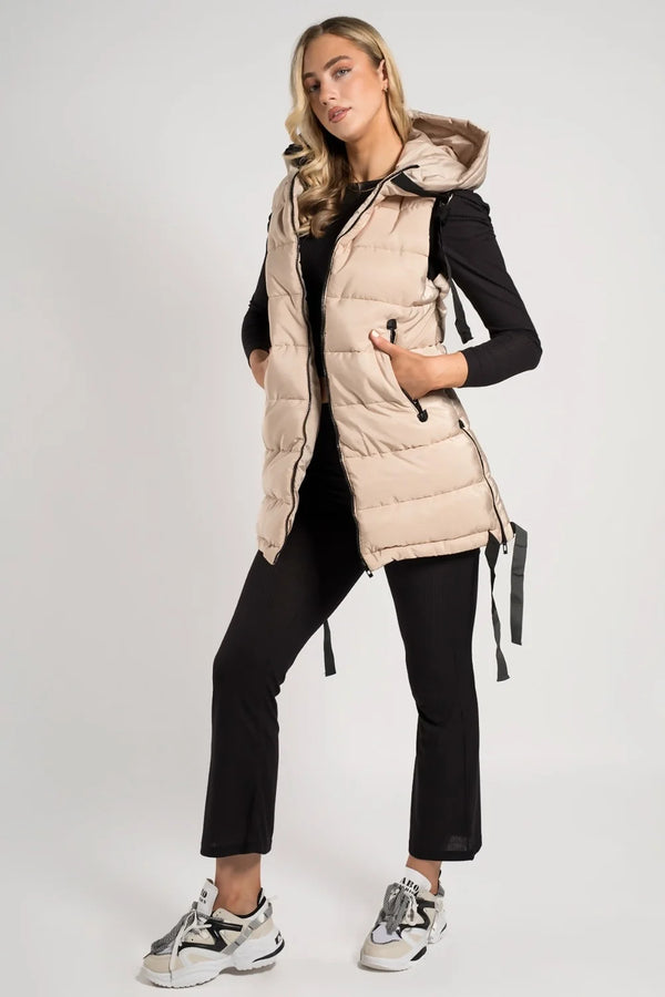 Femme Luxe Beige High Neck Zip Up Sleeveless Hooded Padded Midi Gilet - Kenley