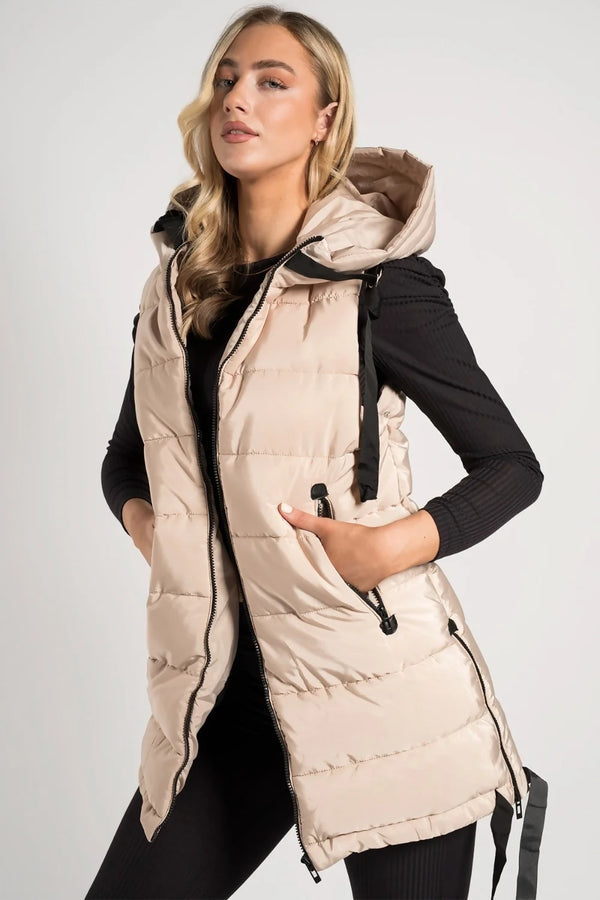 Femme Luxe Beige High Neck Zip Up Sleeveless Hooded Padded Midi Gilet - Kenley