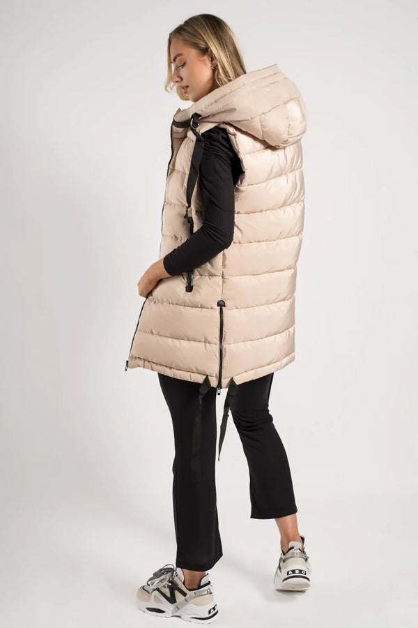 Femme Luxe Beige High Neck Zip Up Sleeveless Hooded Padded Midi Gilet - Kenley