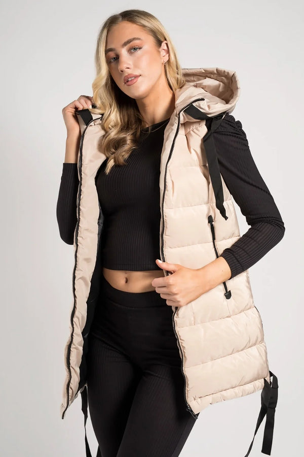 femme luxe Beige High Neck Zip Up Sleeveless Hooded Padded Midi Gilet - Kenley