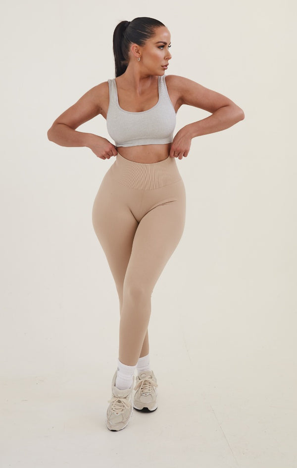 Femme Luxe Beige High Waisted Wide Band Activewear Leggings - Yanis
