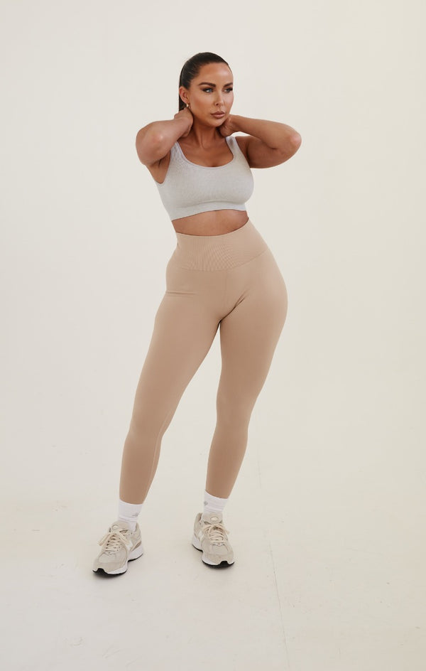 Femme Luxe Beige High Waisted Wide Band Activewear Leggings - Yanis