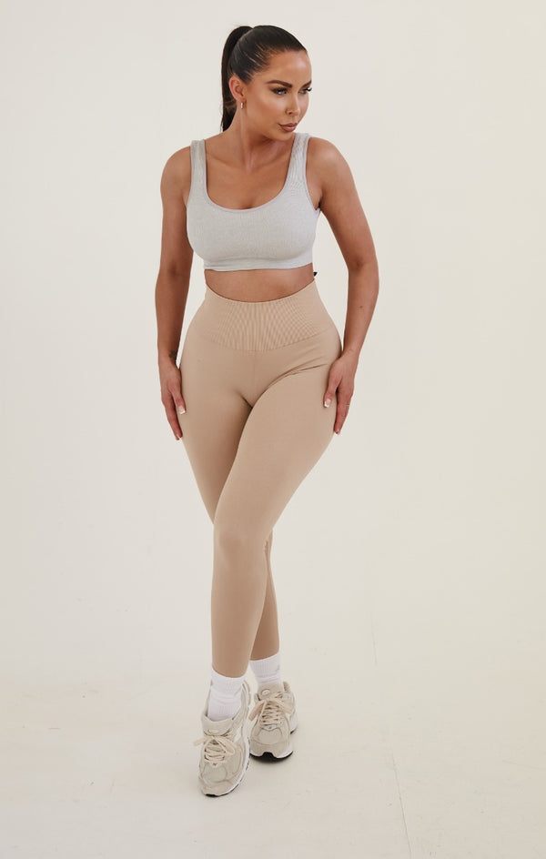 femme luxe Beige High Waisted Wide Band Activewear Leggings - Yanis