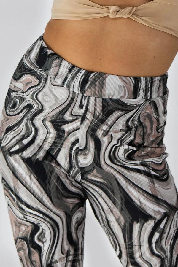 Femme Luxe Beige Marble Print Rib Flare Trousers - Olivia