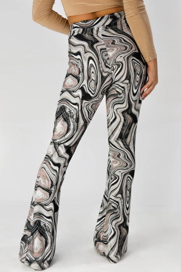 Femme Luxe Beige Marble Print Rib Flare Trousers - Olivia