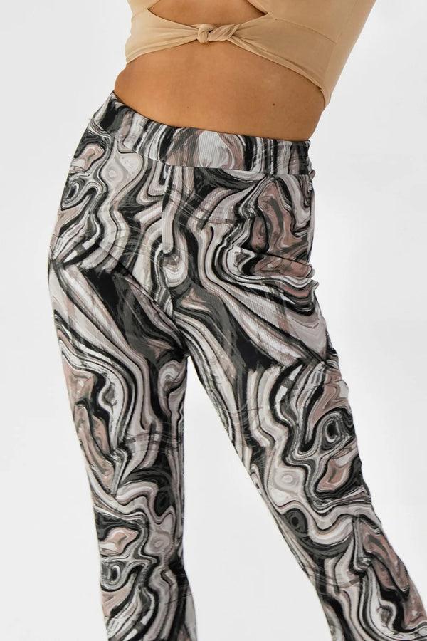 Femme Luxe Beige Marble Print Rib Flare Trousers - Olivia