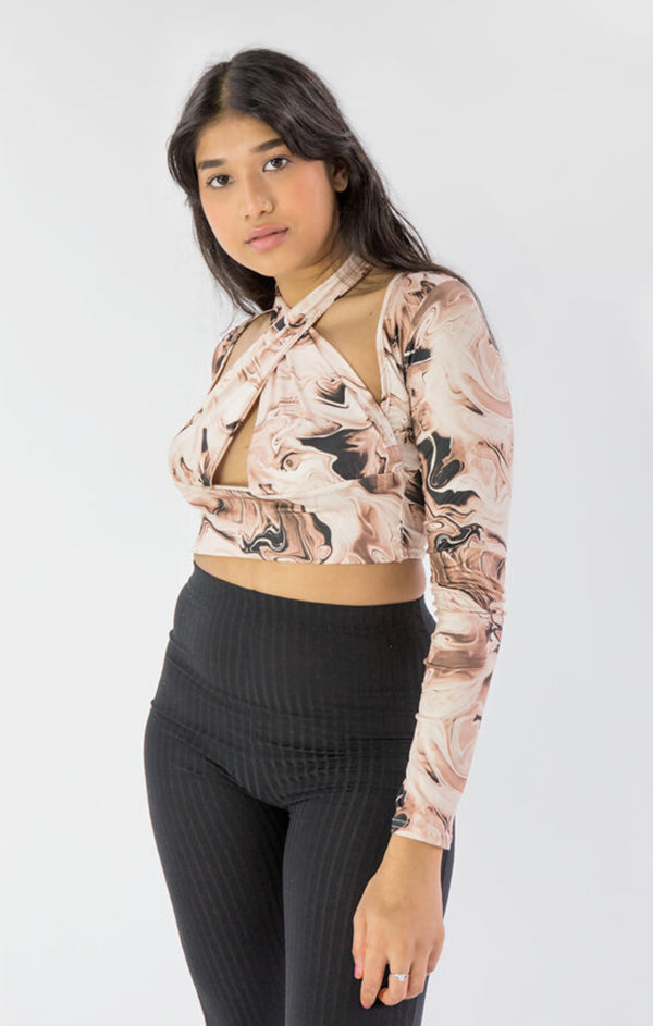 Femme Luxe Beige Marble Print Slinky Cross Wrap Halter Crop Top - Donelia