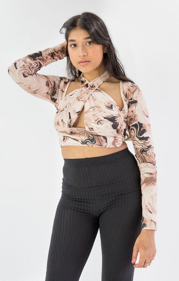 Femme Luxe Beige Marble Print Slinky Cross Wrap Halter Crop Top - Donelia