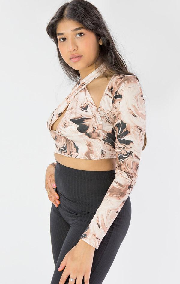 femme luxe Beige Marble Print Slinky Cross Wrap Halter Crop Top - Donelia