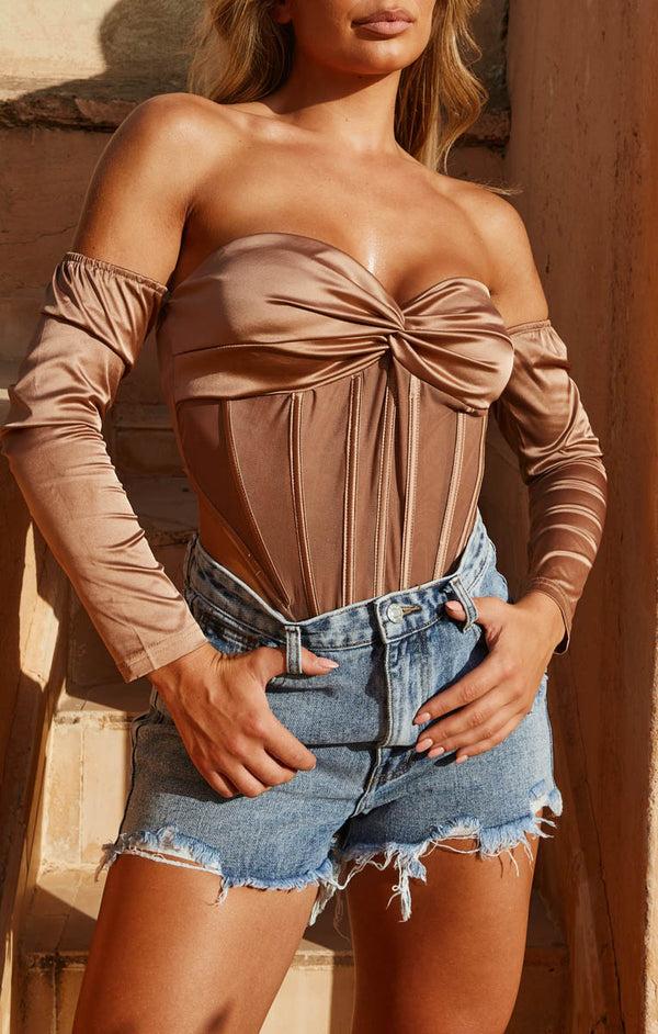 Femme Luxe Beige Off The Shoulder Long Sleeve Cup Detail Corset Top - Diana