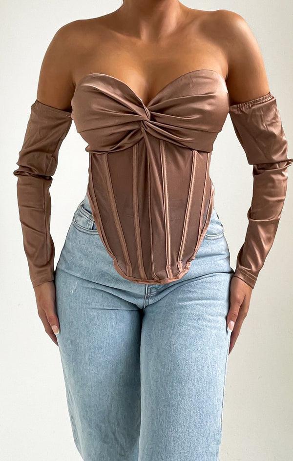 femme luxe Beige Off The Shoulder Long Sleeve Cup Detail Corset Top - Diana