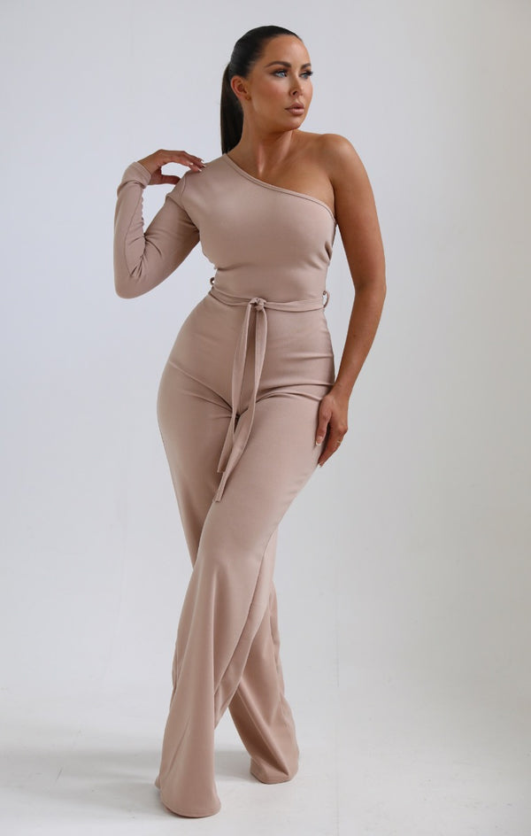 Femme Luxe Beige One Shoulder Belted Wide Leg Jumpsuit - Evelyn