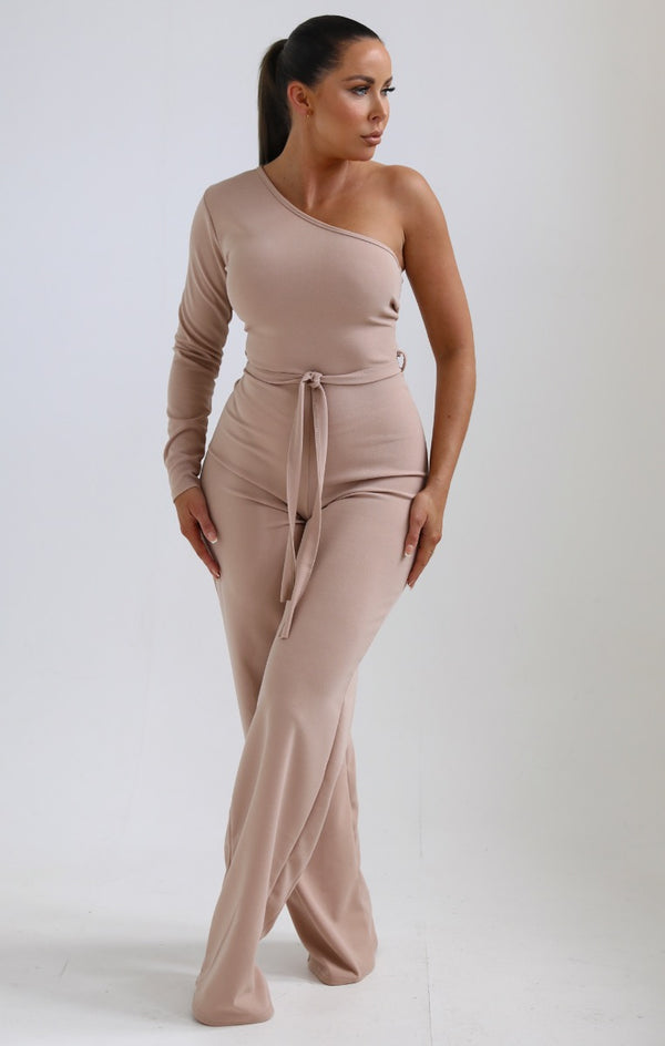 Femme Luxe Beige One Shoulder Belted Wide Leg Jumpsuit - Evelyn