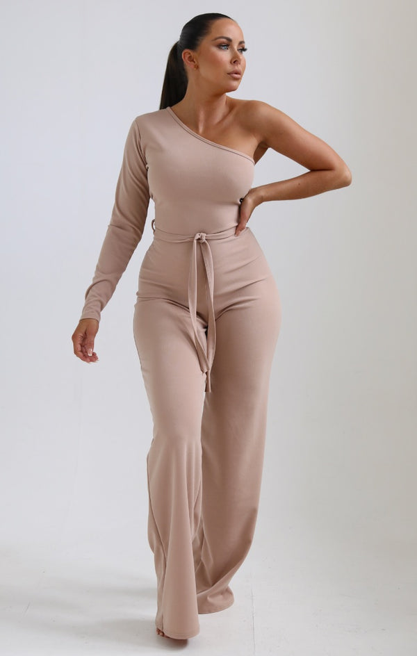 Femme Luxe Beige One Shoulder Belted Wide Leg Jumpsuit - Evelyn