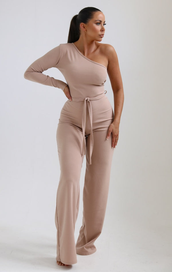 femme luxe Beige One Shoulder Belted Wide Leg Jumpsuit - Evelyn
