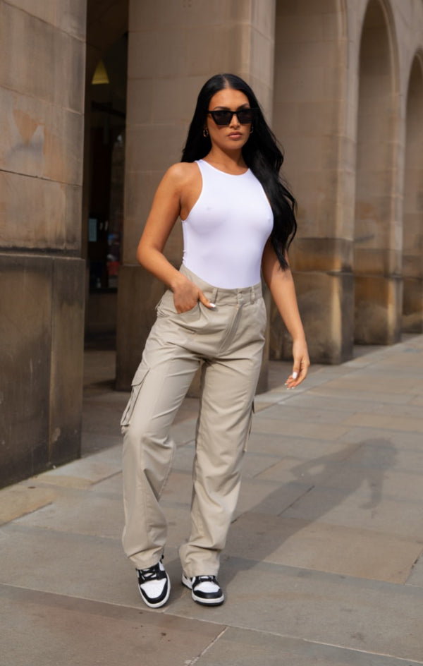 Femme Luxe Beige Oversized Straight Leg Cargo Trousers - Isie