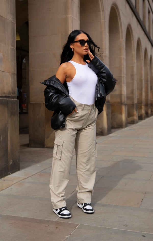 Femme Luxe Beige Oversized Straight Leg Cargo Trousers - Isie