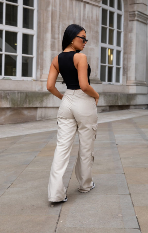 Femme Luxe Beige Oversized Straight Leg Two Side Pockets Cargo Trousers - Ella