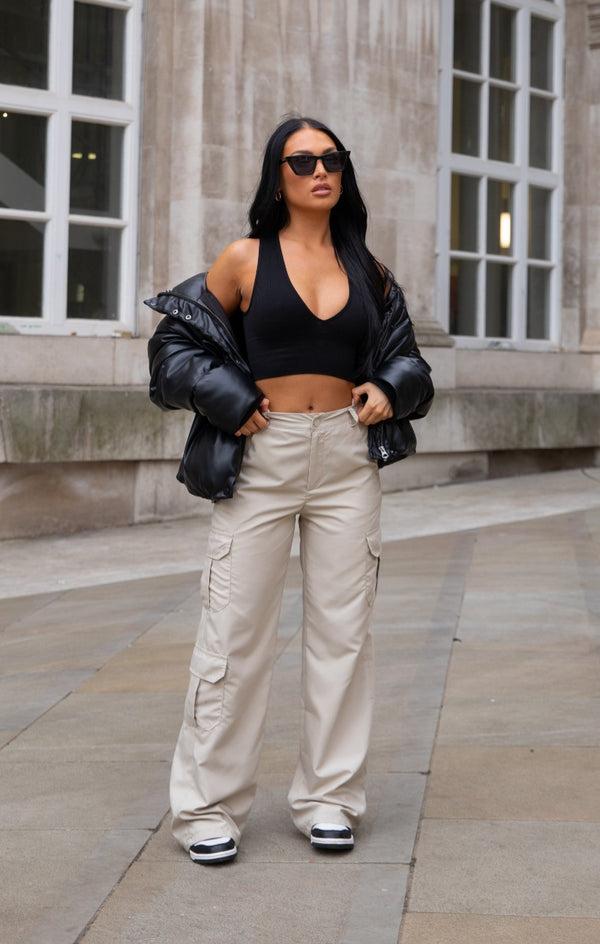 Femme Luxe Beige Oversized Straight Leg Two Side Pockets Cargo Trousers - Ella