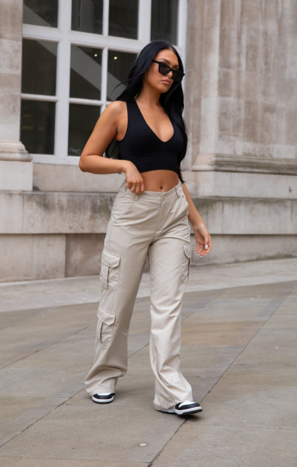 Femme Luxe Beige Oversized Straight Leg Two Side Pockets Cargo Trousers - Ella