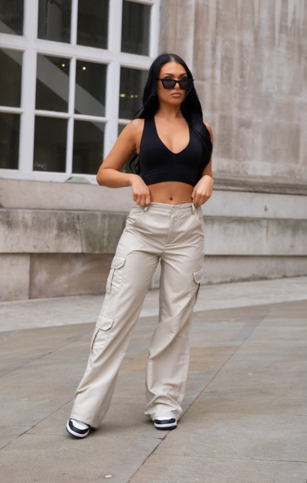 femme luxe Beige Oversized Straight Leg Two Side Pockets Cargo Trousers - Ella