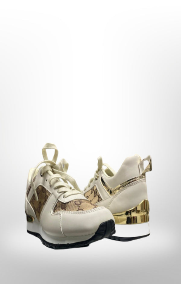 Femme Luxe Beige Printed Panel Faux Leather Glitter Trainers - Guinevere