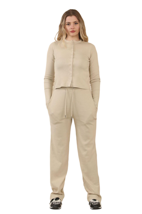 femme luxe Beige Rib Button Detail Top With Wide Leg Trouser Loungewear Set - Marsha