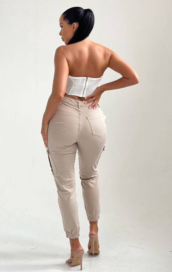 Femme Luxe Beige Slim Fit Cuffed Pocket Cargos - Fleur