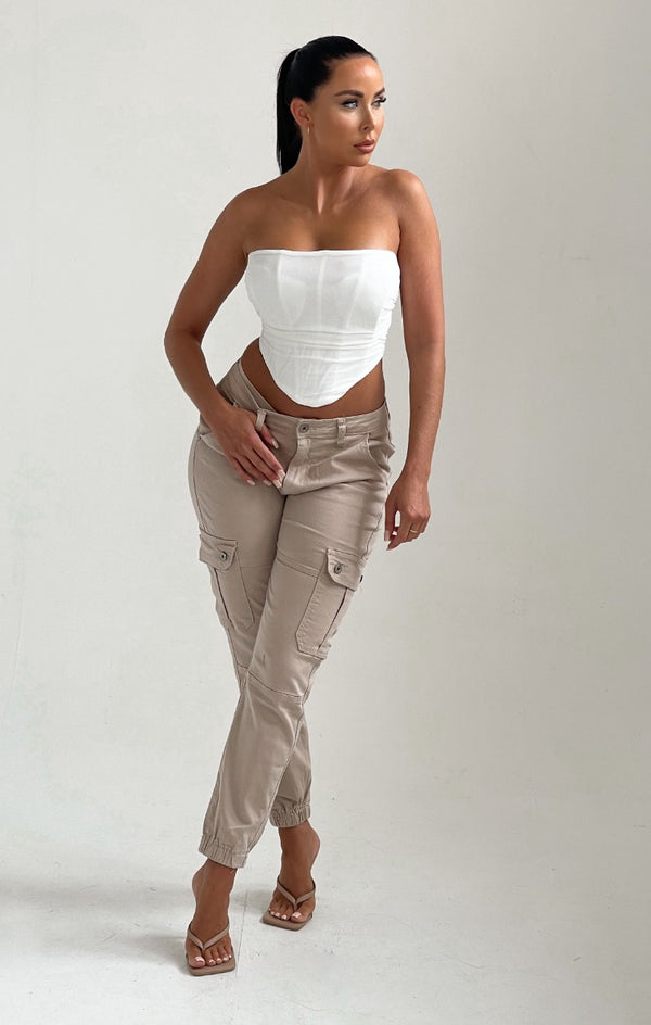 Femme Luxe Beige Slim Fit Cuffed Pocket Cargos - Fleur