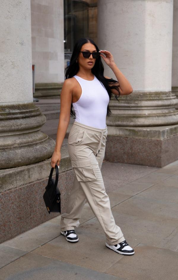 Femme Luxe Beige Straight Leg Drawstring Cargo Trousers - Dorte