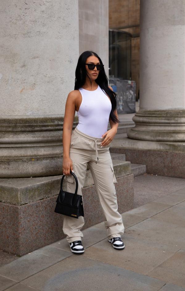 Femme Luxe Beige Straight Leg Drawstring Cargo Trousers - Dorte