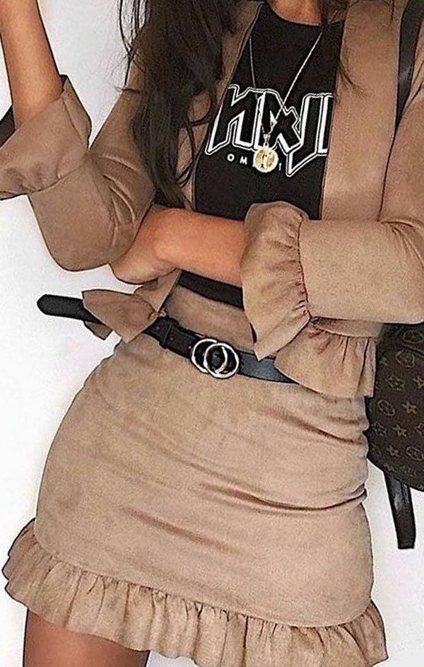 Femme Luxe Beige Suede Frill Hem Mini High Waist Skirt