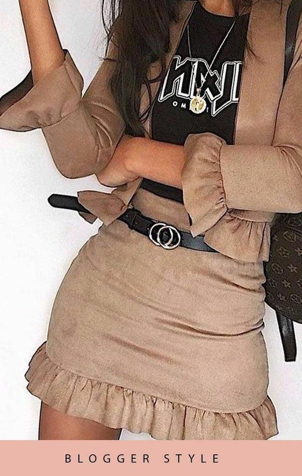 Femme Luxe Beige Suede Frill Hem Mini High Waist Skirt