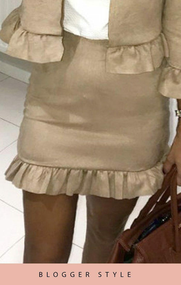 Femme Luxe Beige Suede Frill Hem Mini High Waist Skirt