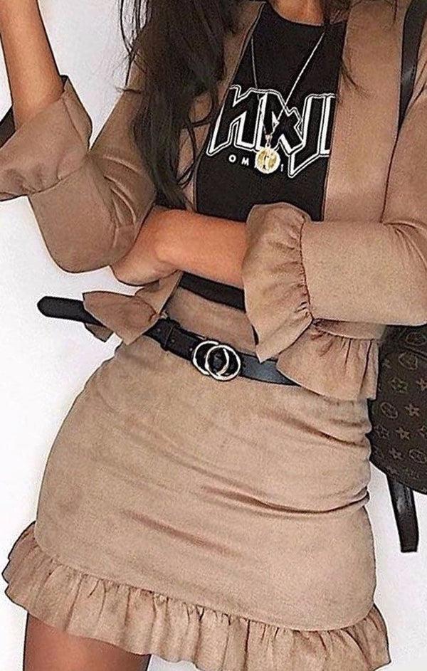 femme luxe Beige Suede Frill Hem Mini High Waist Skirt