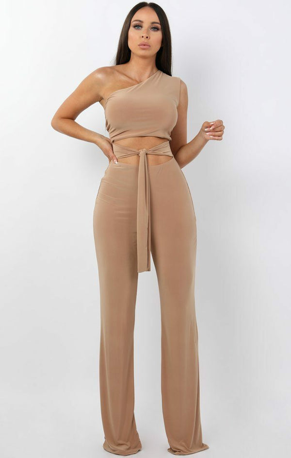 Femme Luxe Beige Tie Front Slinky Wide Leg One Shoulder Jumpsuit - Heather