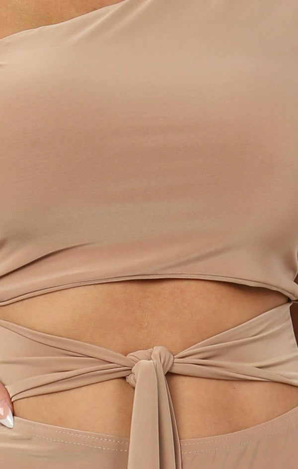 Femme Luxe Beige Tie Front Slinky Wide Leg One Shoulder Jumpsuit - Heather