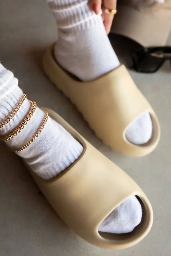 Femme Luxe Beige Tread Detail Rubber Flatform Sliders - Marion